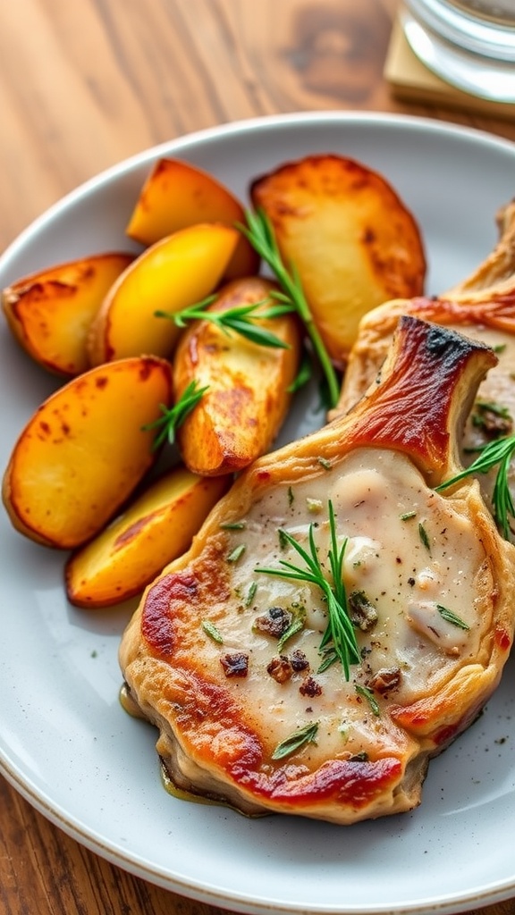 Juicy pork chops with garlic and herbs served with crispy roasted potatoes on a rustic wooden table.